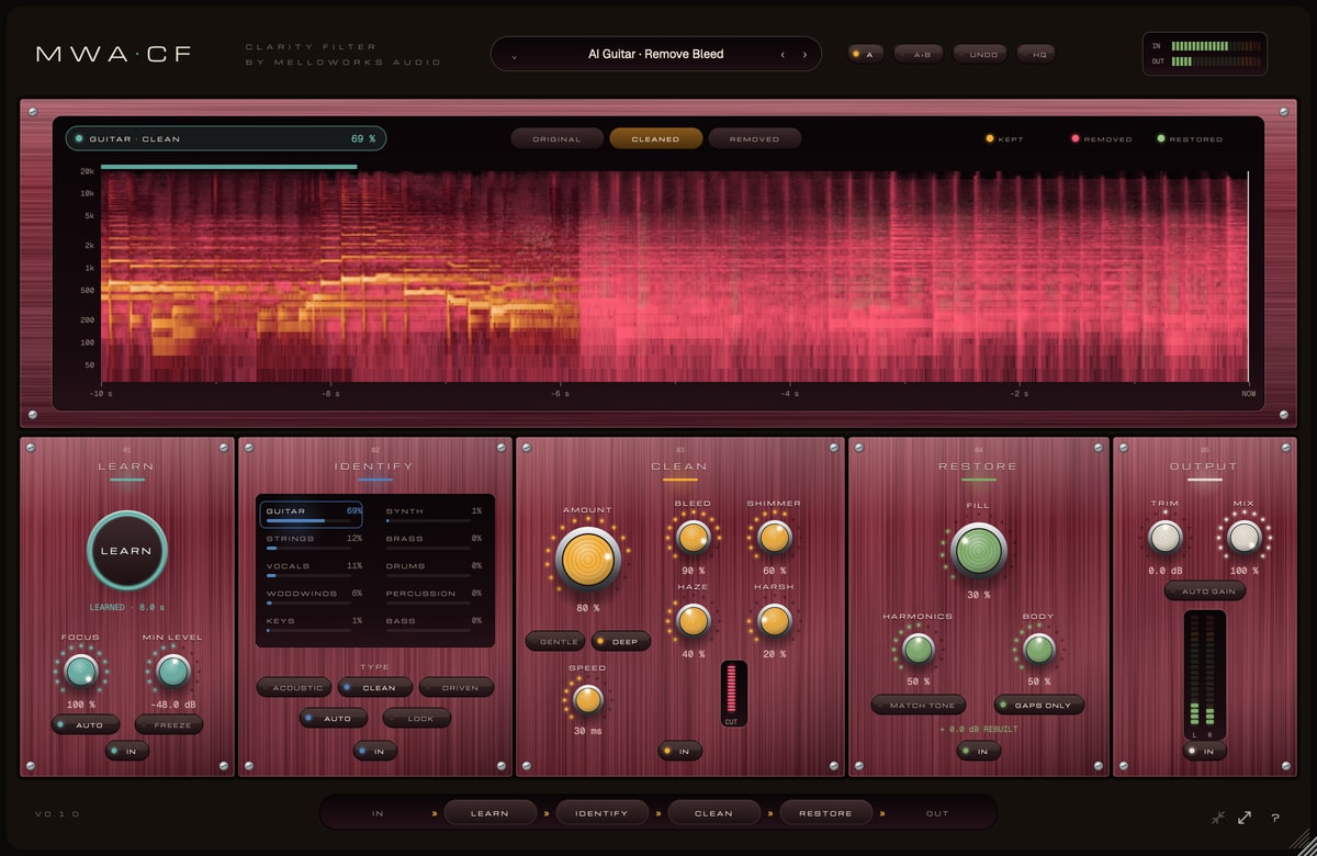 The MWA-CF Clarity Filter: a live spectrogram over five modules in burgundy steel